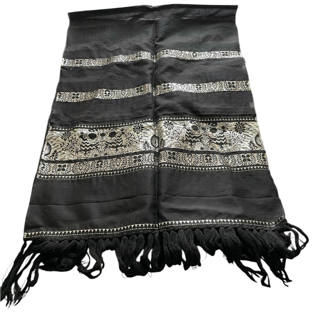 Large black and silver embroidered boho semi sheer fringed scarf/wrap 61x22.5”